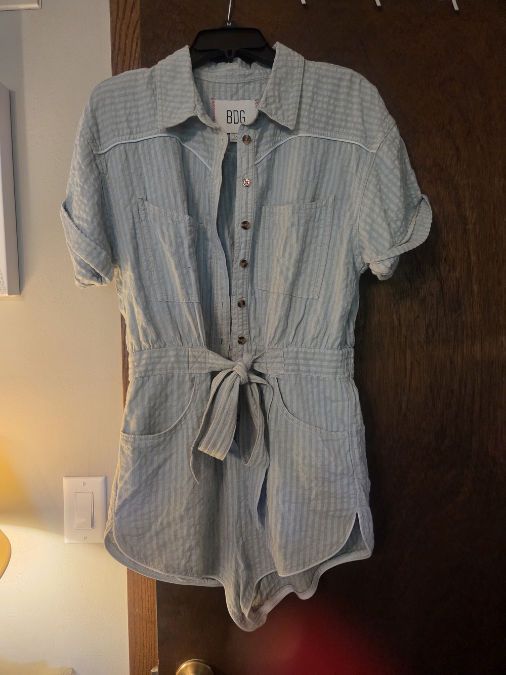BDG Light Blue Striped Tie-Waist Button Romper